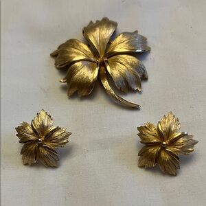 Gold Floral Brooch and Earring Set